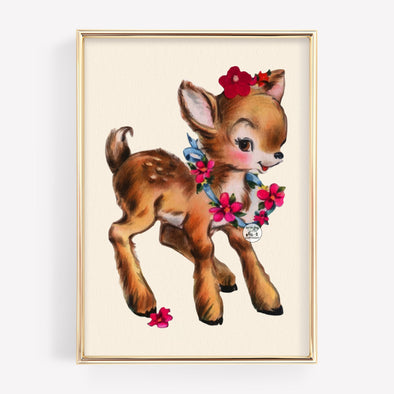 Vintage Deer & Flowers Print