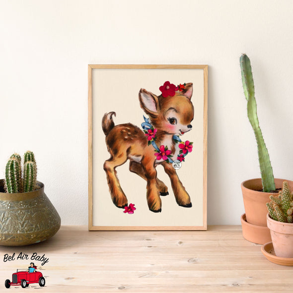 Vintage Deer & Flowers Print